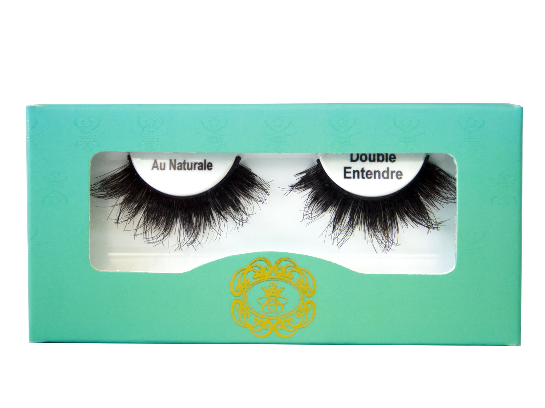 Double Entendre double layer eyelash on white eyelash tray inside blue-green box packaging
