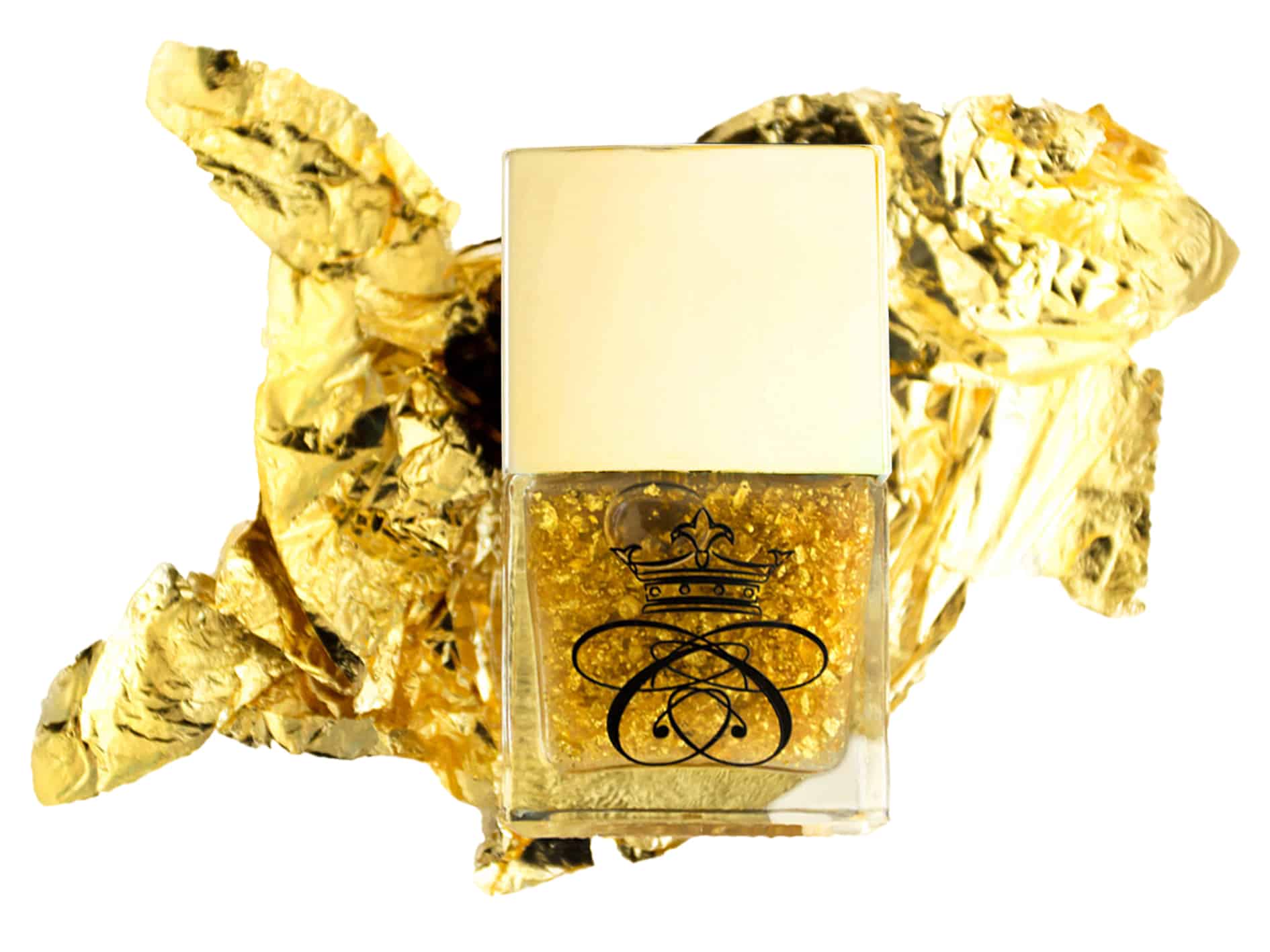 Expensive Nail Gloss authentic 24K gold flake and gold dust top coat nail polish in square glass bottle with gold cap on 24K gold leaf background