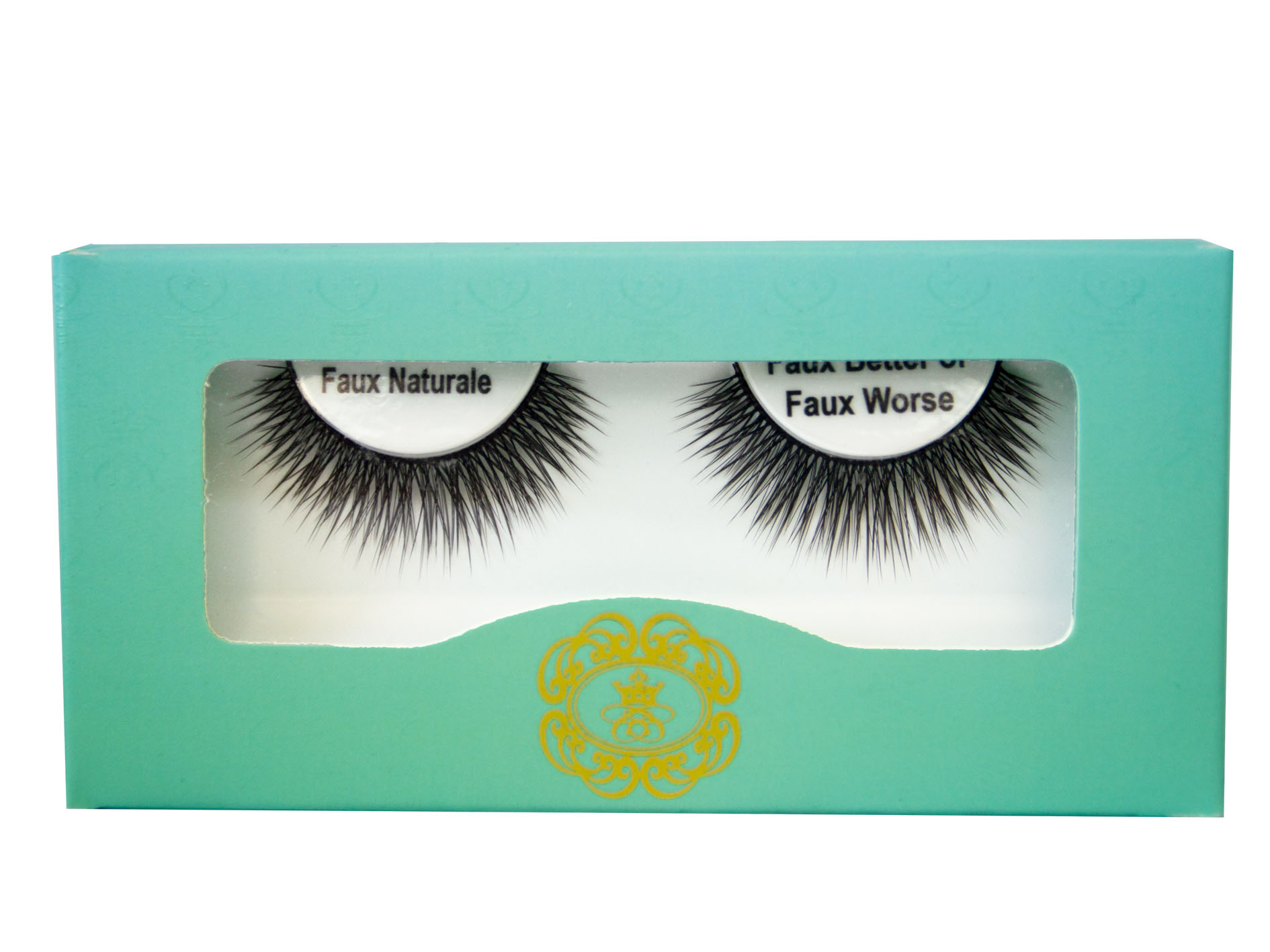 Faux Better or Faux Worse Eyelash on white eyelash tray inside blue-green box packaging