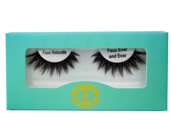 Faux Ever and Ever Faux Naturale Strip Eyelash on white eyelash tray inside blue-green box packaging