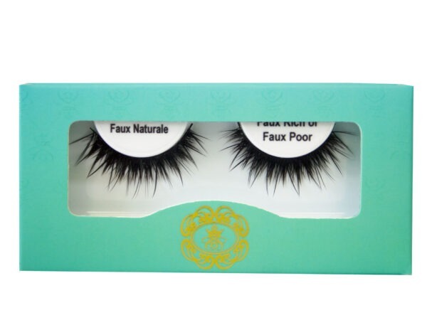 Faux Rich or Faux Poor Faux Naturale Strip Eyelash on white eyelash tray inside blue-green box packaging