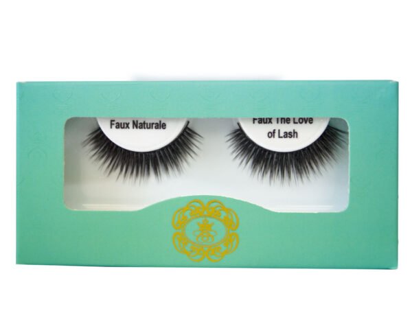 Faux The Love Of Lash Faux Naturale Strip Eyelash on white eyelash tray inside blue-green box packaging