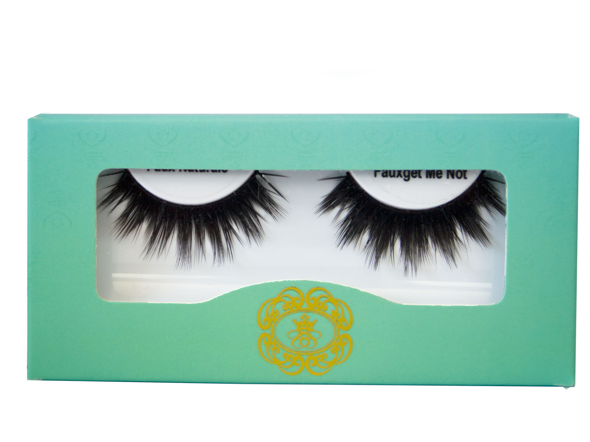 Fauxget Me Not Faux Naturale Strip Eyelash on white eyelash tray inside blue-green box packaging