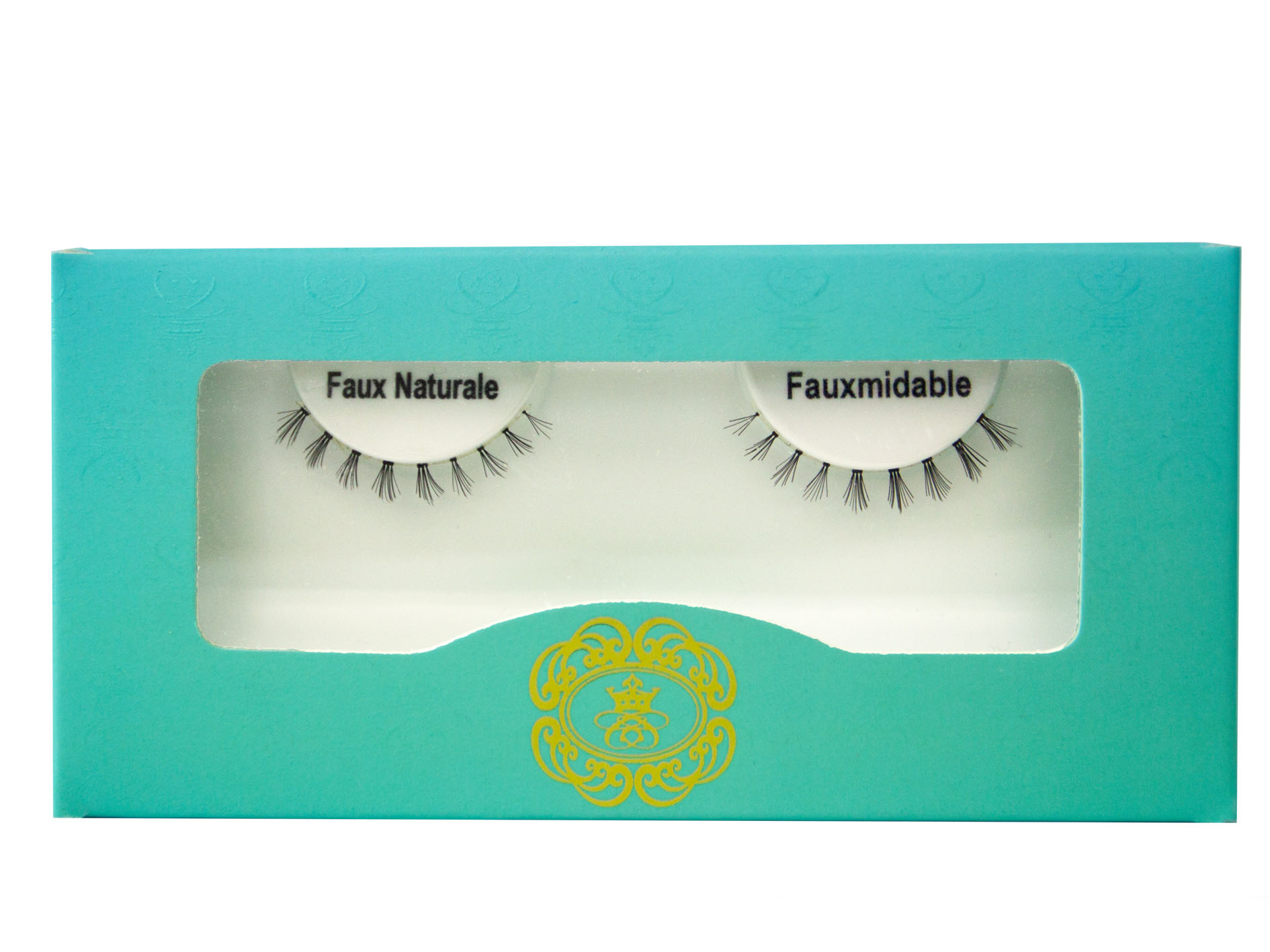 Fauxmidable Bottom Eyelash on white eyelash tray inside blue-green box packaging