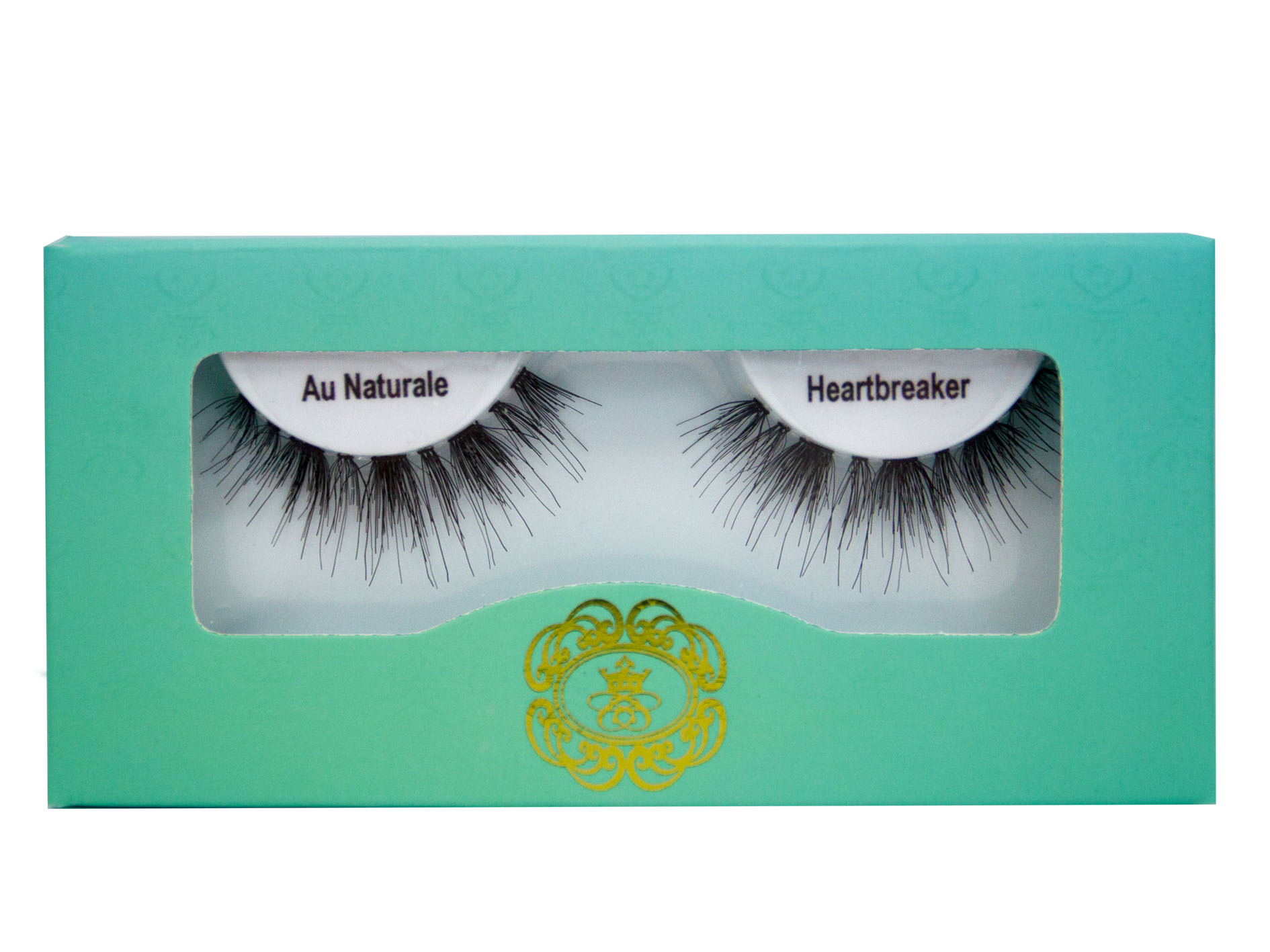 Heartbreaker Au Naturale Eyelash on white eyelash tray inside blue-green box packaging