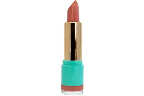 Peach-brown lipstick shade in gold and teal blue lipstick container case on white isolated background