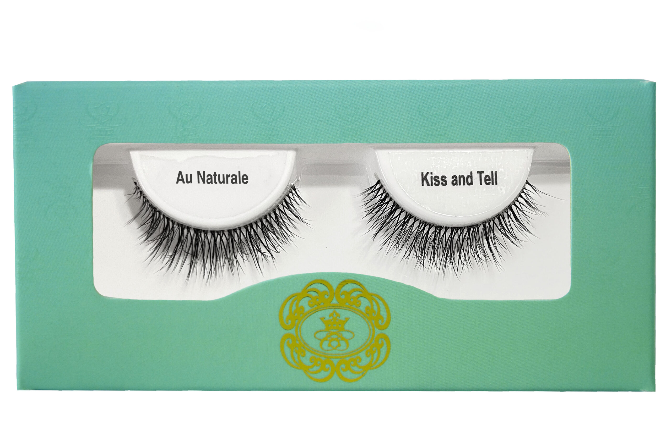 Kiss and Tell Biodegradable Eyelashes black strip eyelashes in gradient blue-green eyelash box on white isolated background.