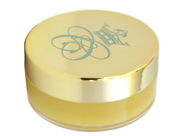 Lip Soufflé Lip Balm, yellow lip balm in transparent plastic jar with shiny gold lid