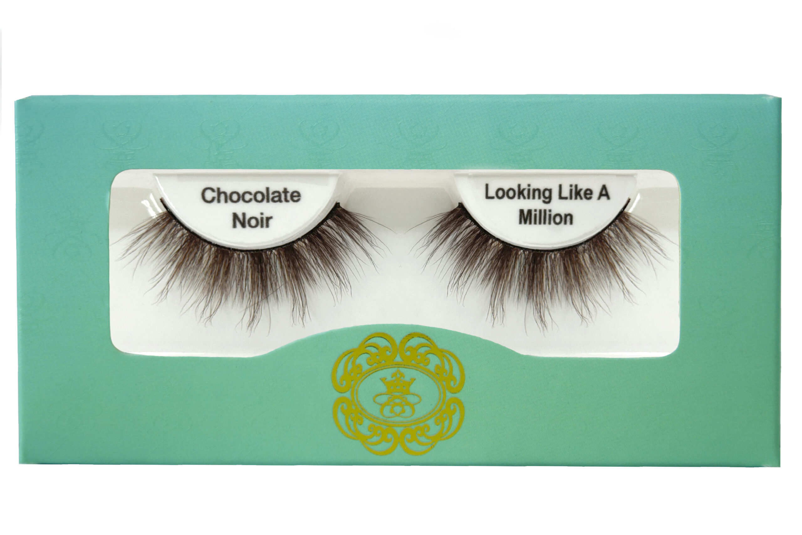 Looking Like a Million Chocolate Noir Lash, Brown coloured false eyelashes, brown eyelashes in white lash tray inside teal box on white background