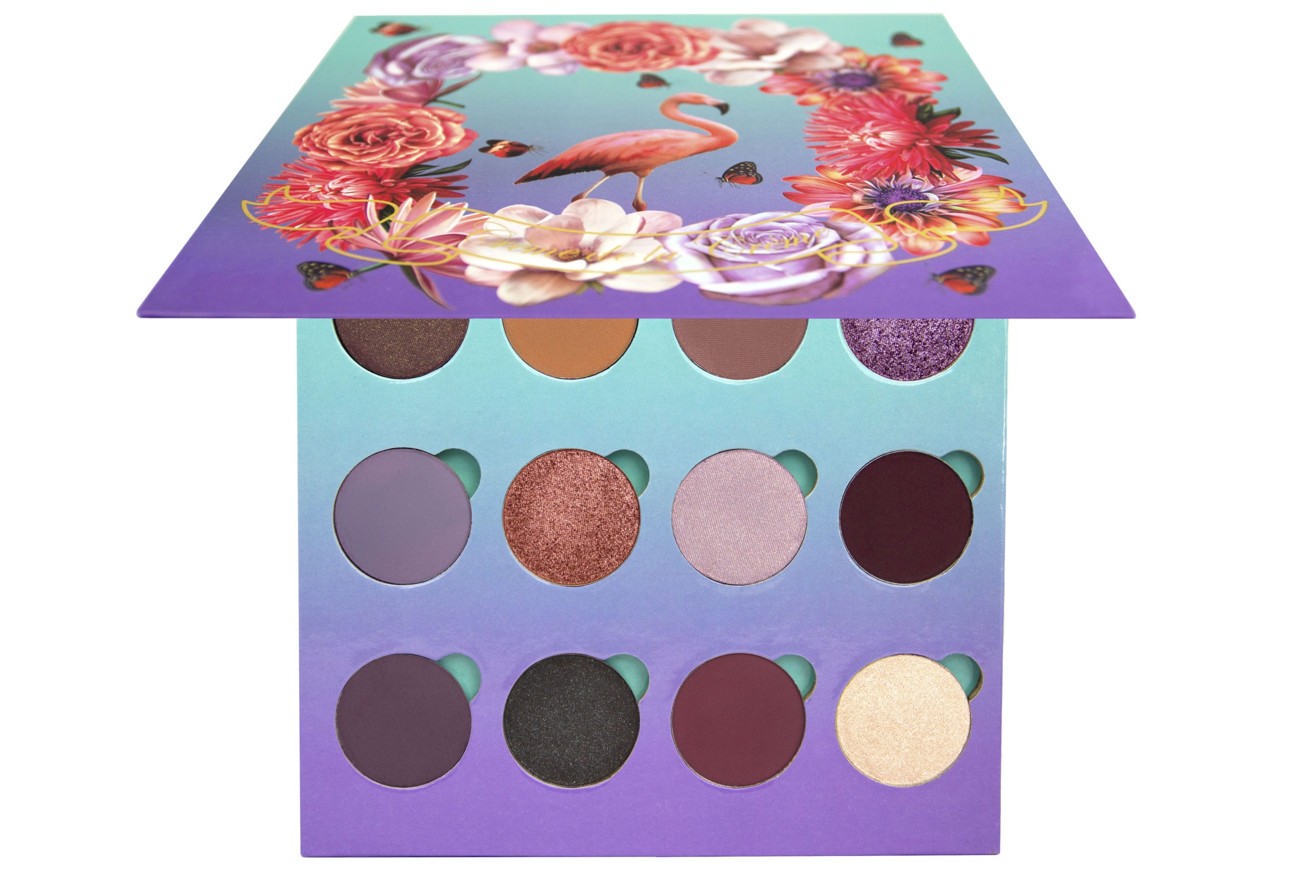 eyeshadow palette with 12 pressed pans on white isolated background