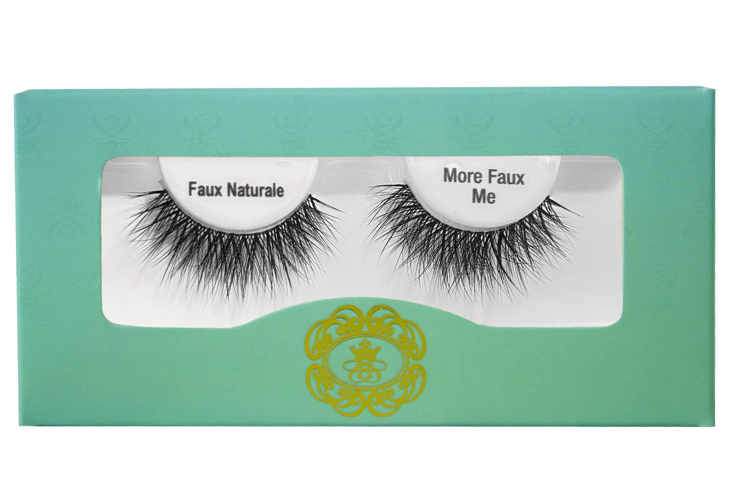 More Faux Me Biodegradable strip eyelashes black strip eyelashes in gradient blue-green eyelash box on white isolated background.