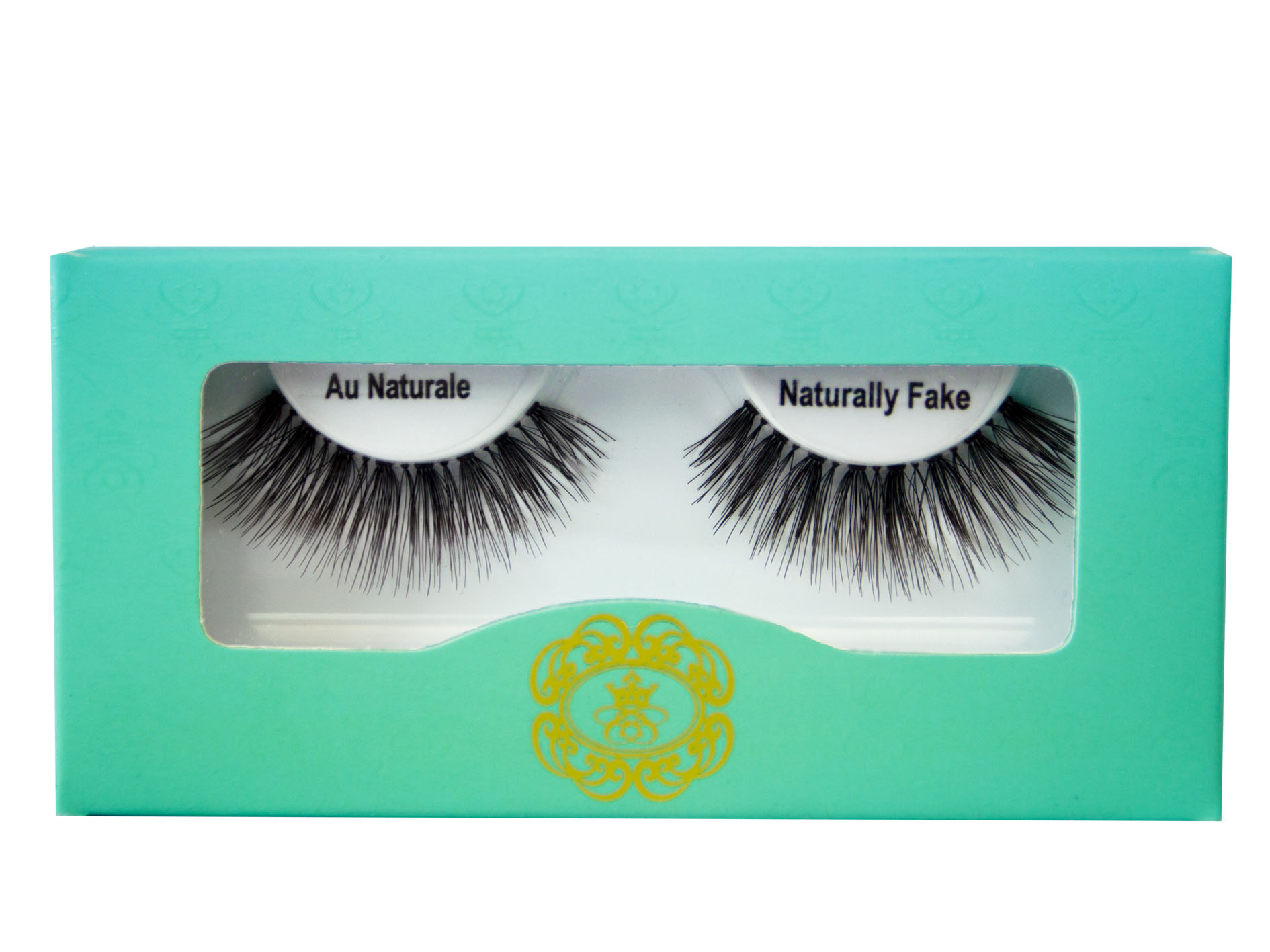 Naturally Fake Au Naturale Strip Eyelash on white eyelash tray inside blue-green box packaging