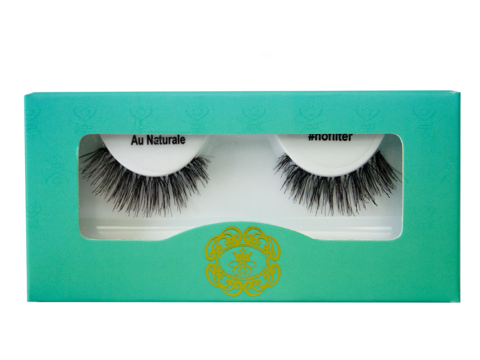 #nofilter Au Naturale Strip Eyelash on white eyelash tray inside blue-green box packaging