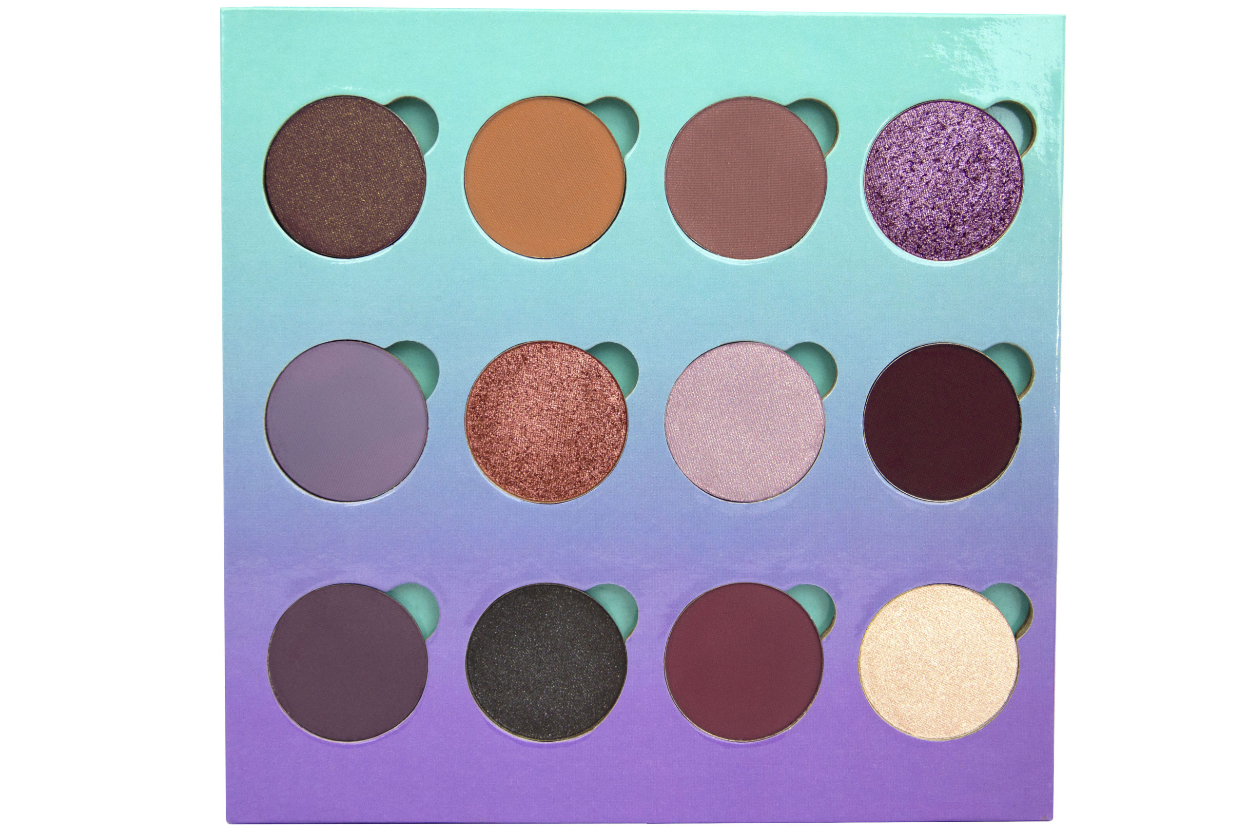 eyeshadow palette with 12 pressed pans on white isolated background