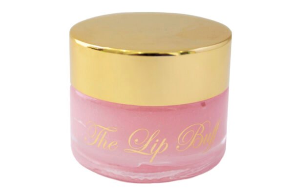 The Lip Buff Pink Lemonade sugar lip scrub in glass jar with gold writing and shiny gold cap