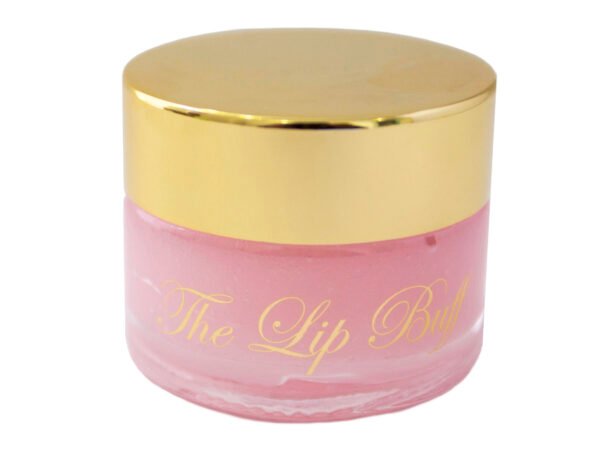 The Lip Buff Pink Lemonade sugar lip scrub in glass jar with gold writing and shiny gold cap