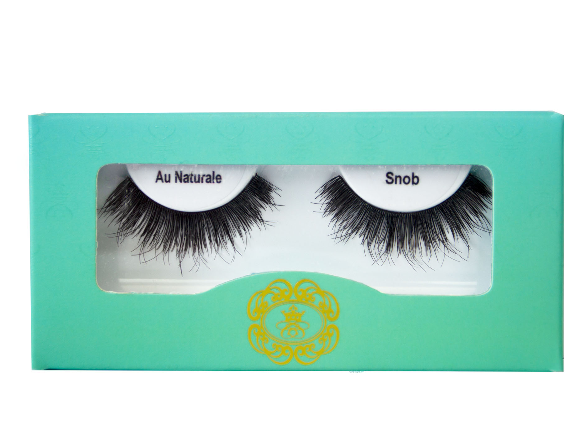 Snob Au Naturale strip eyelash on white eyelash tray inside blue-green box packaging