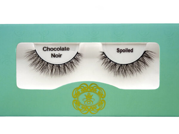 Spoiled Chocolate Noir Eyelash Brown coloured false eyelashes, brown eyelashes in white lash tray inside teal box on white background