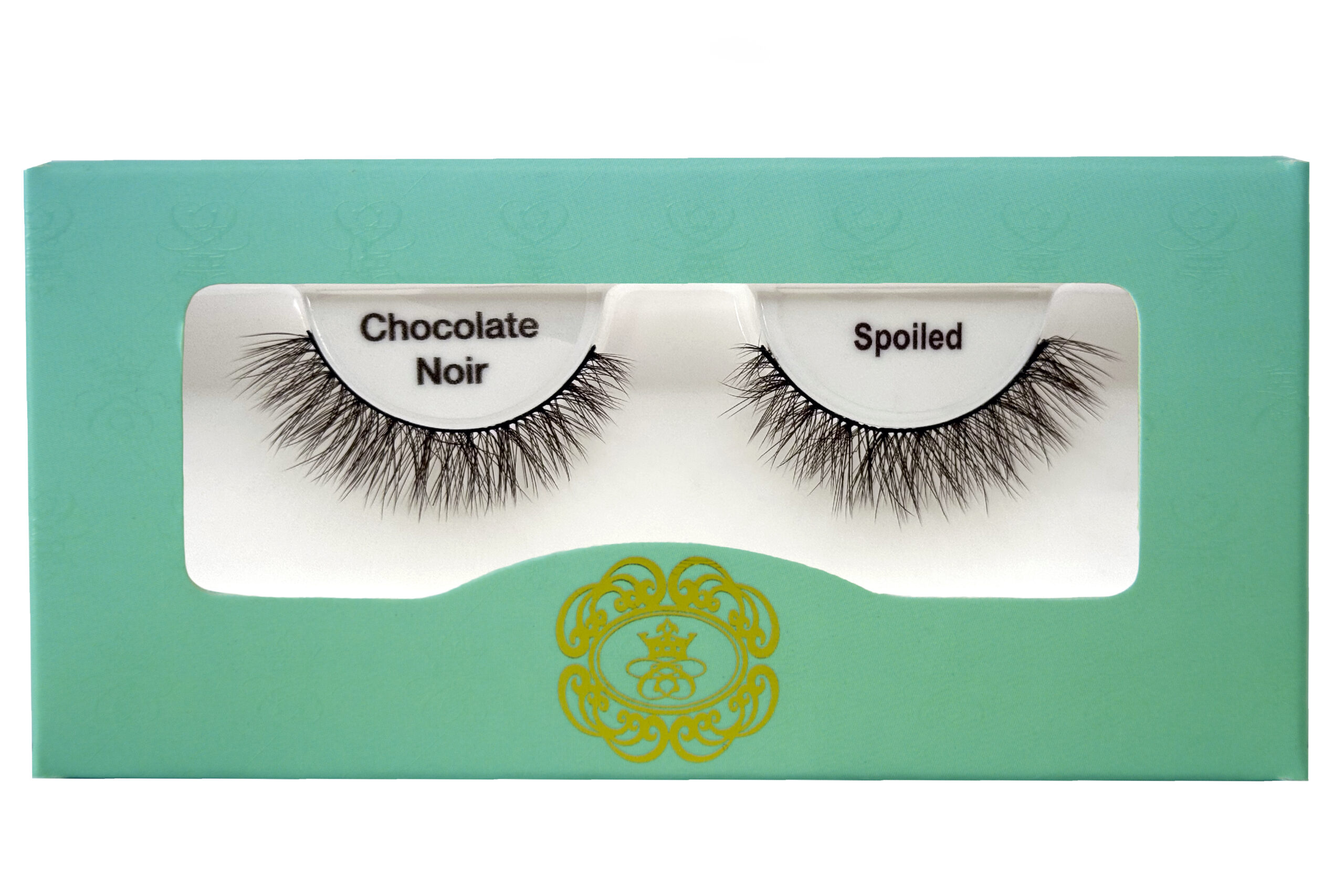 Spoiled Chocolate Noir Eyelash Brown coloured false eyelashes, brown eyelashes in white lash tray inside teal box on white background