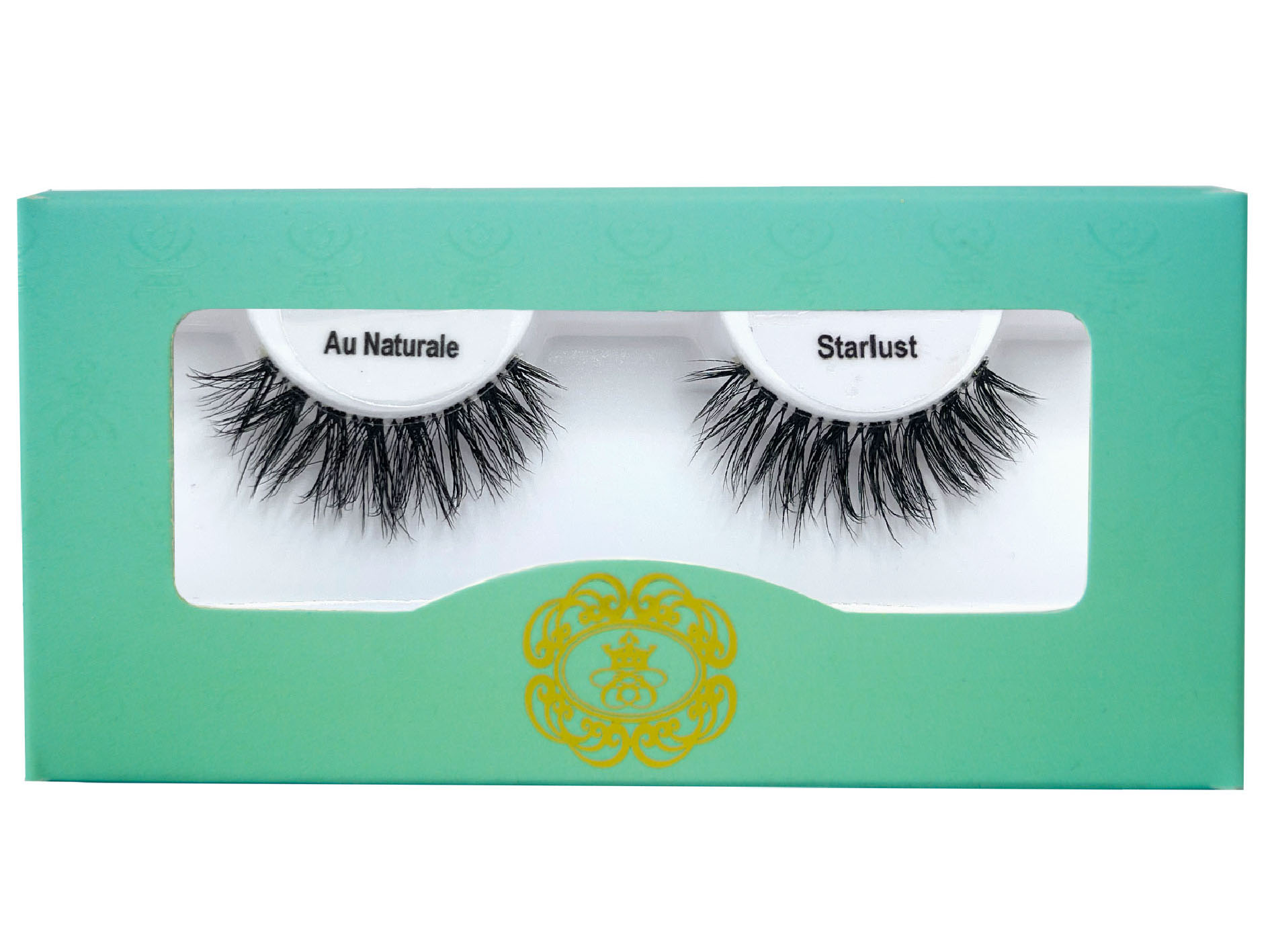 Starlust Au Naturale Strip Eyelash on white eyelash tray inside blue-green box packaging