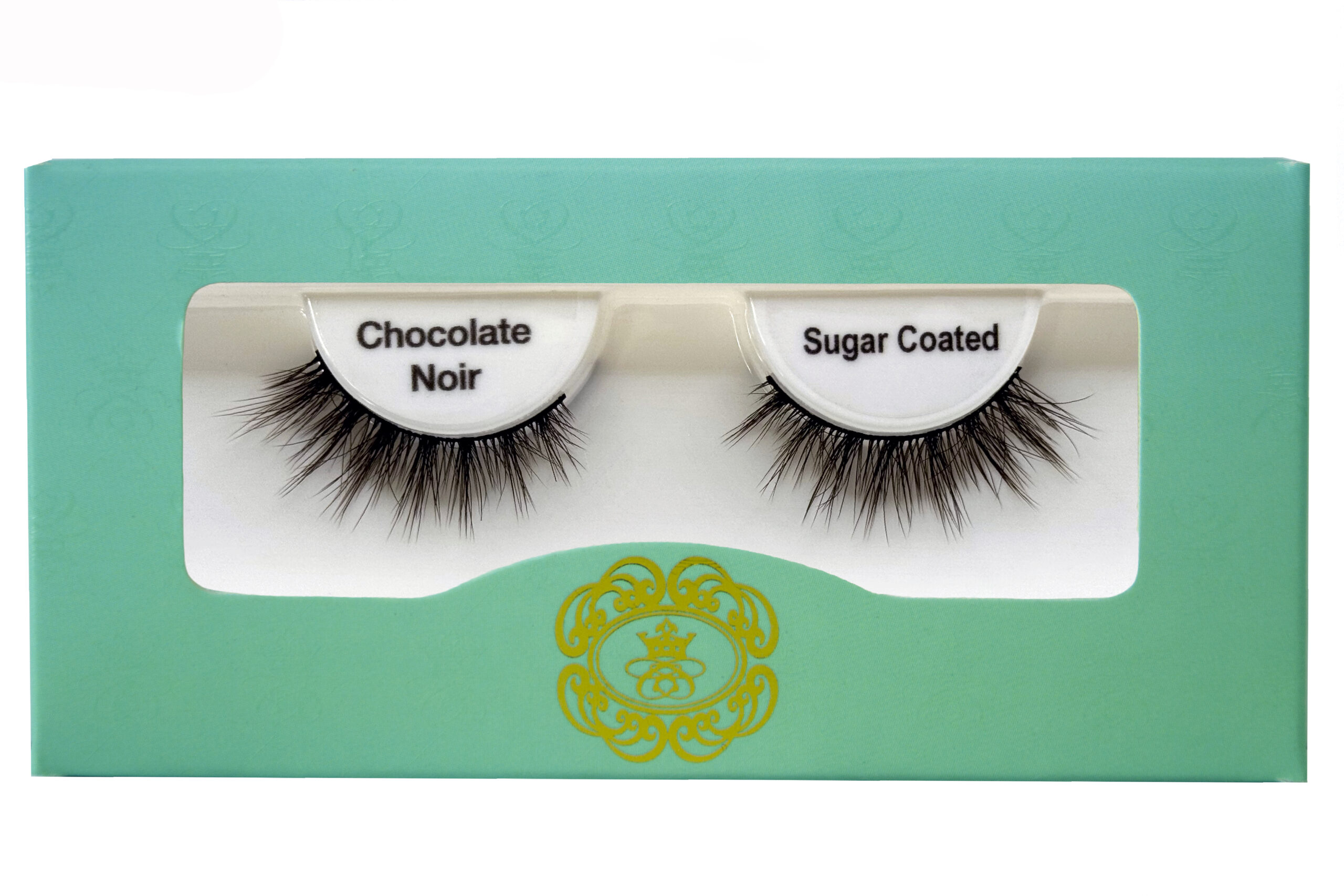 Sugar Coated Chocolate Noir Lash, Brown coloured false eyelashes, brown eyelashes in white lash tray inside teal box on white background