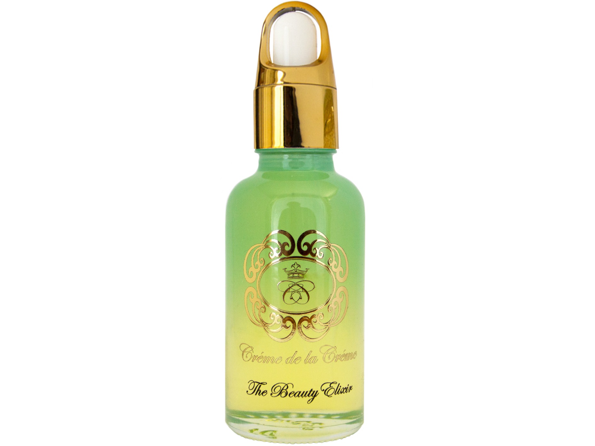 Skin care The Beauty Elixir Yuzu face oil in gradient blue to clear glass bottle with gold dropper cap on white isolated background