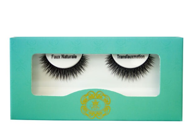 Transfauxmation Faux Naturale Strip Eyelash on white eyelash tray inside blue-green box packaging