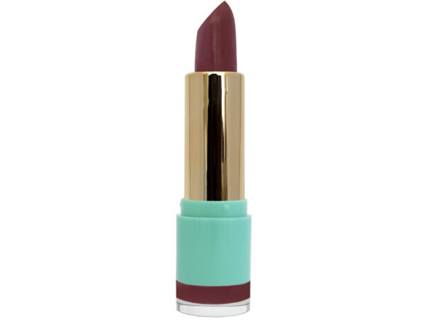 wicked thoughts dusty crème lipstick with gold case in blue container on white isolated background