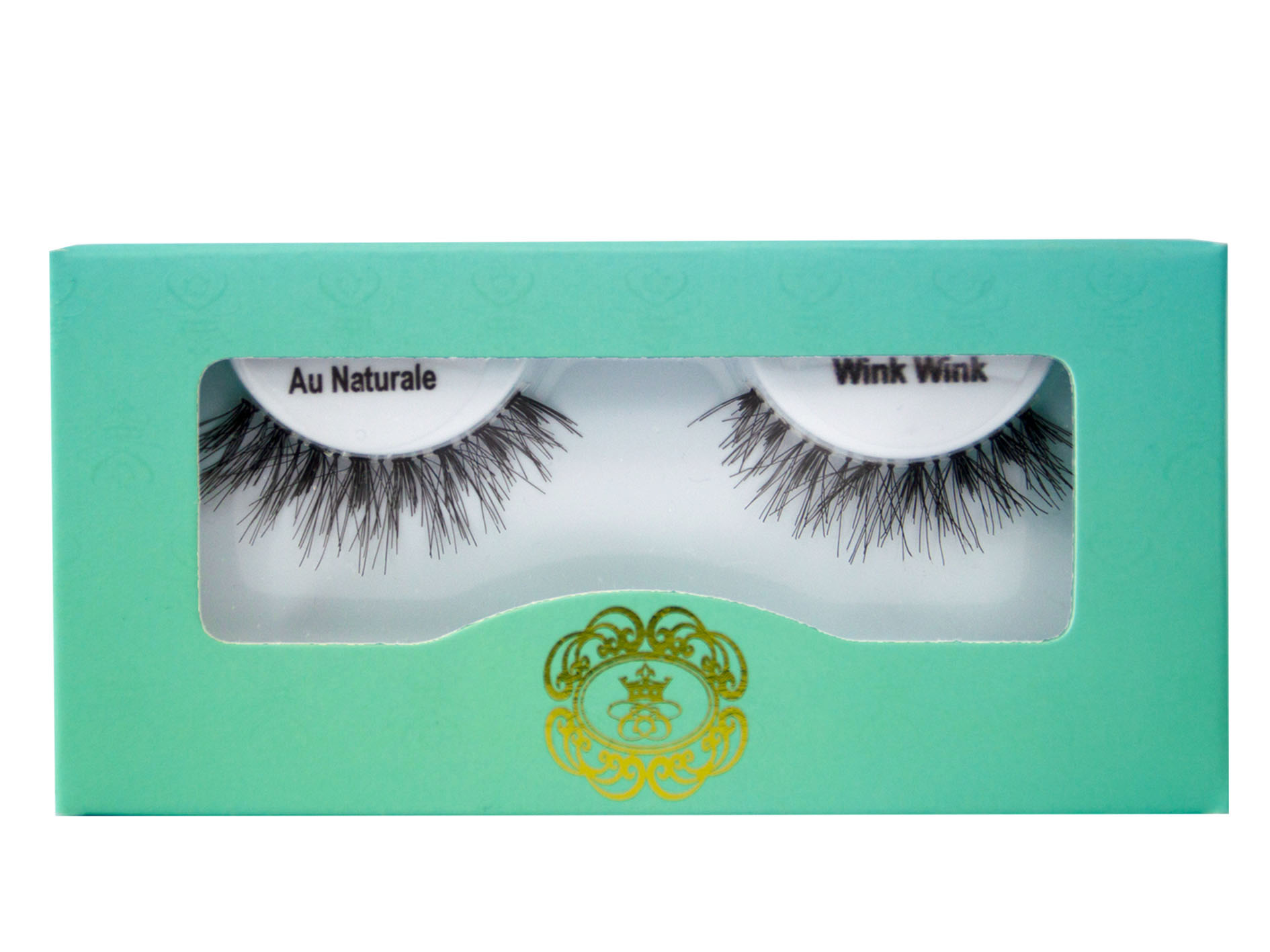 Wink Wink Au Naturale Strip Eyelash on white eyelash tray inside blue-green box packaging