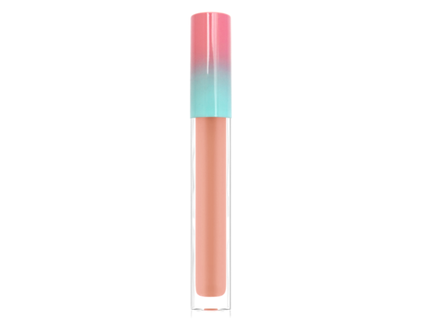 Velvet Lip Crème Matte Fluid Lipstick in clear tube with pink and blue cap on white background