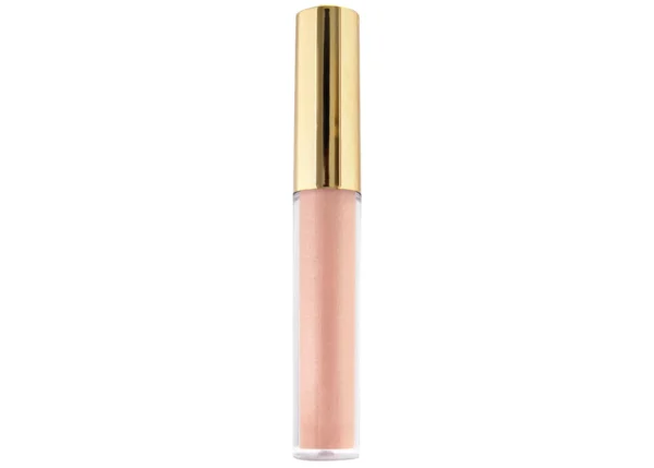 Lip Glacé Plumping Lip Oil shimmery, pinky-peach, lip oil in transparent lip gloss tube with gold cap on isolated white background