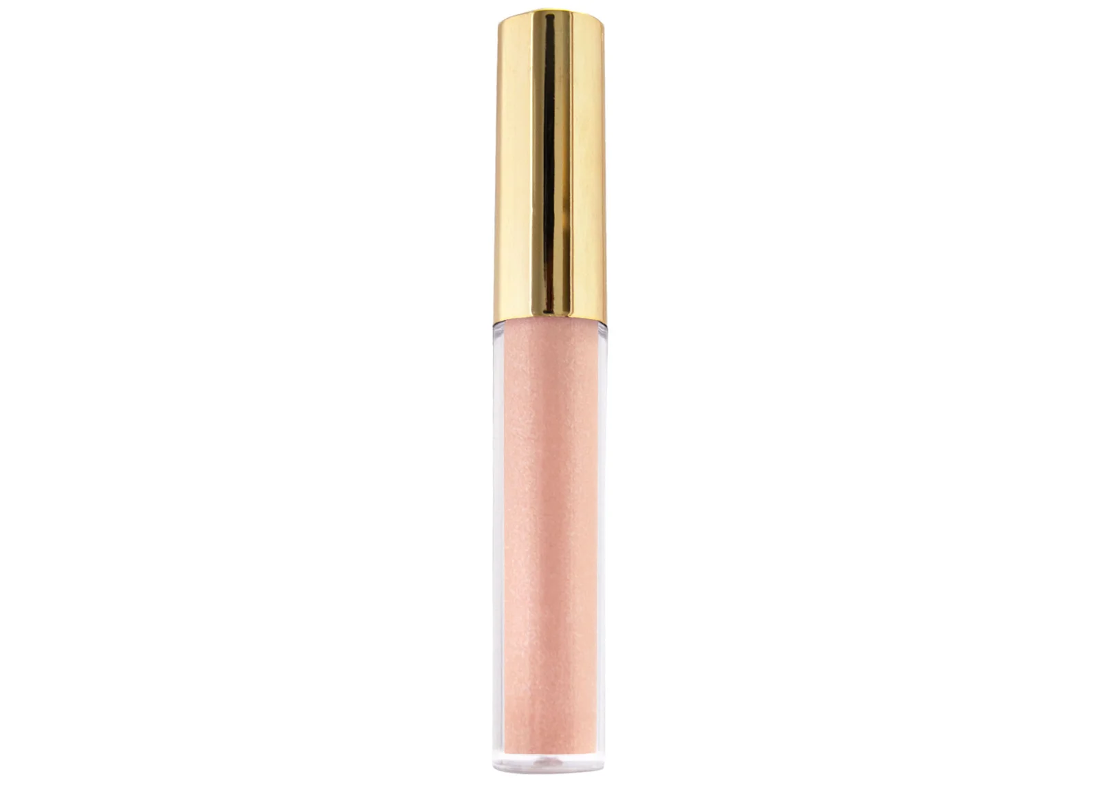 Lip Glacé Plumping Lip Oil shimmery, pinky-peach, lip oil in transparent lip gloss tube with gold cap on isolated white background