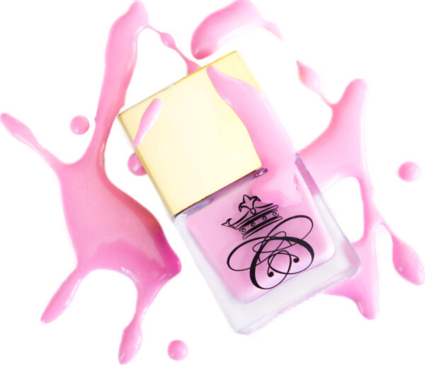Nail Gloss Blue Label, Pinky Swear, nail polish, square glass bottle with gold cap and nail polish smears on background