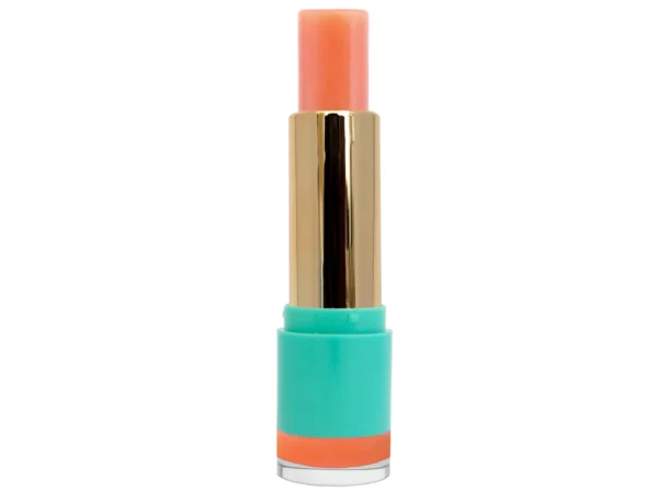 Water Balm Lip Serum translucent peach tinted lip balm treatment in gold and blue lipstick vase on white isolated background