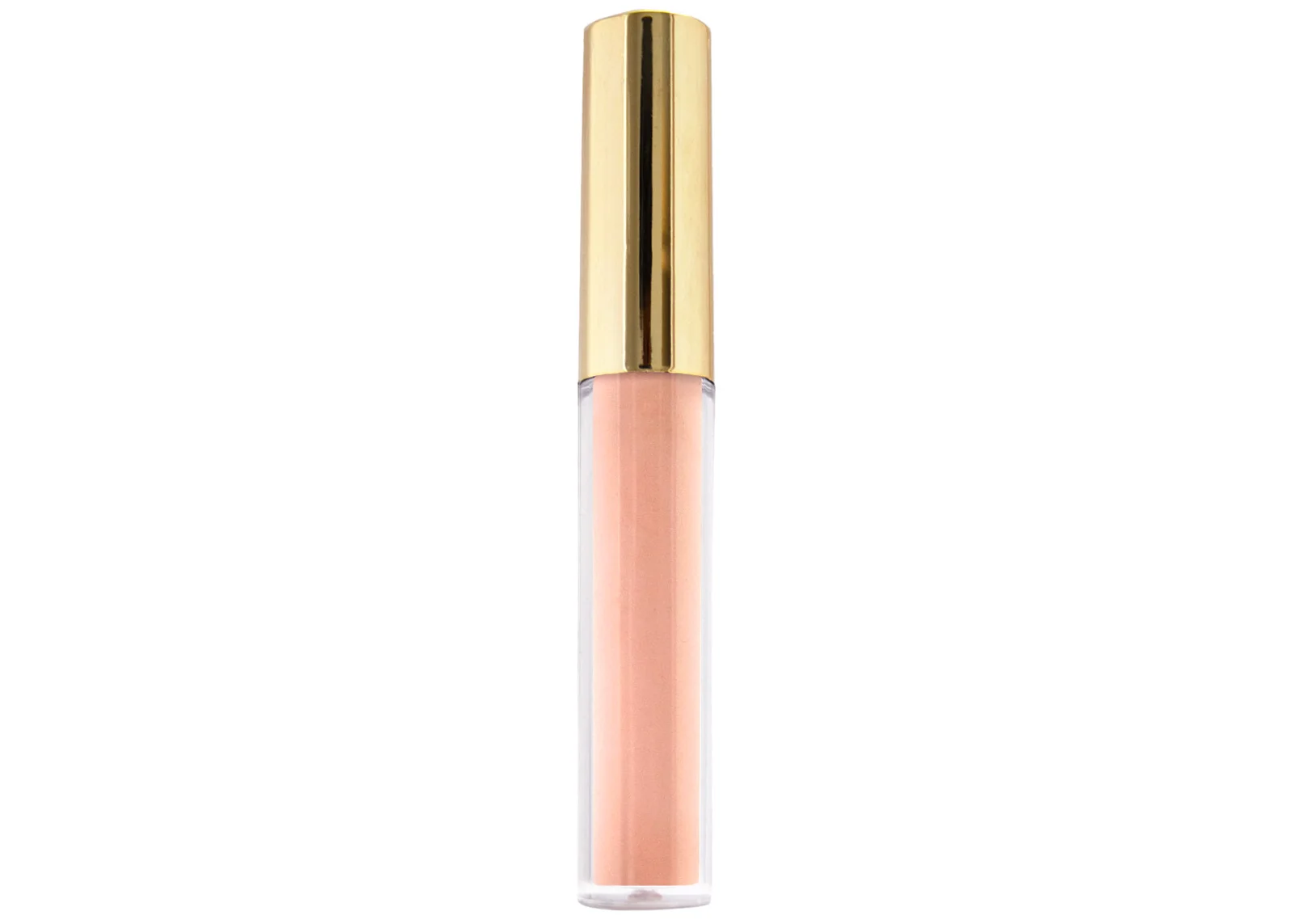 nude-pink, dusty-rose, beige, lip oil in ransparent lip gloss tube with gold cap on isolated white background