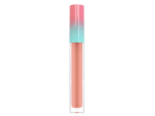Velvet Lip Crème Matte Fluid Lipstick in clear container with pink and blue cap on white background