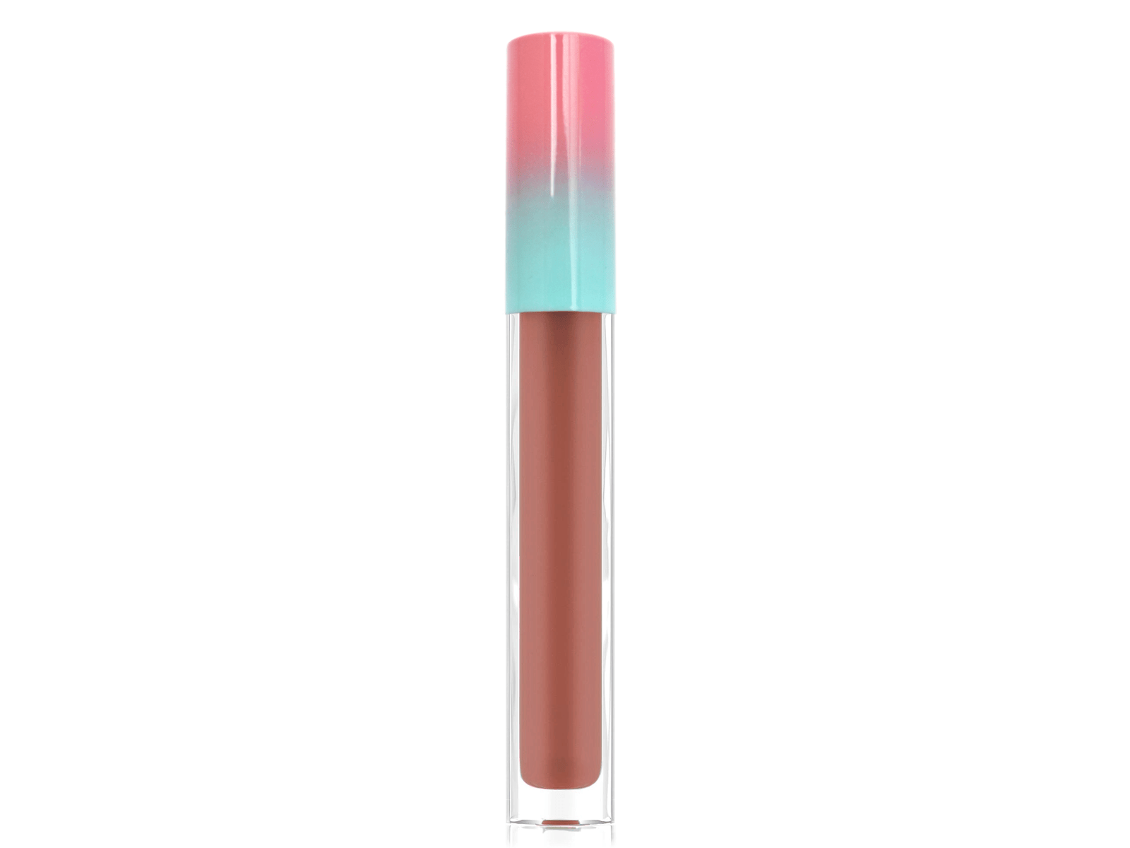 matte liquid lipstick in clear tube with pink and blue cap on white background