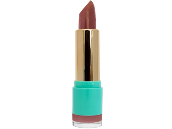 Haute Mess satin finish crème lipstick in gold and teal lipstick container on white isolated background