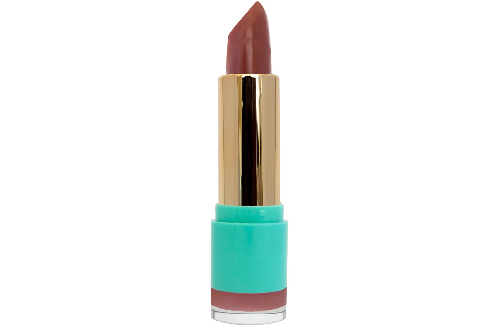 Haute Mess satin finish crème lipstick in gold and teal lipstick container on white isolated background