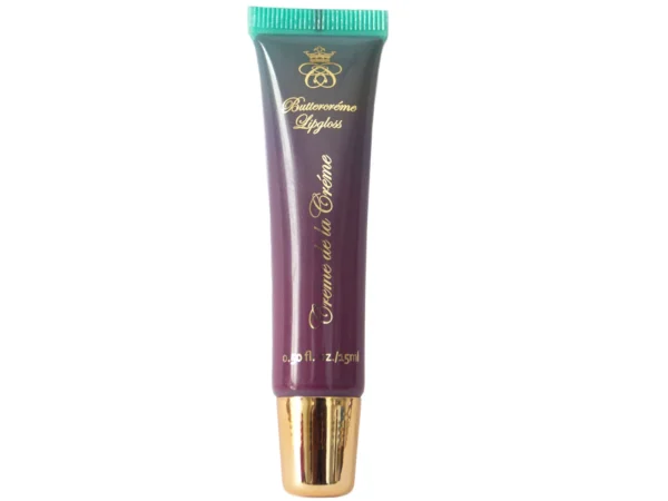 Mauve Me To Tears Buttercrème Lip Gloss in a squeeze tube with gold cap on white isolated background