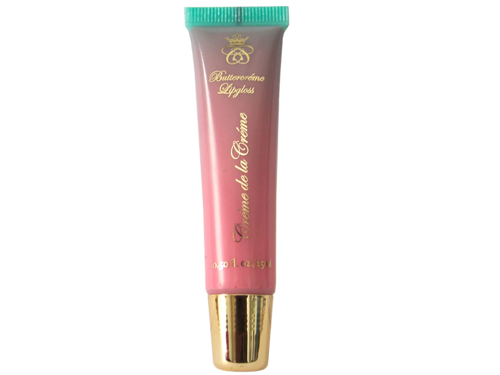 Pink Frosting Buttercrème Lip Gloss in squeeze tube with gold cap on white isolated background