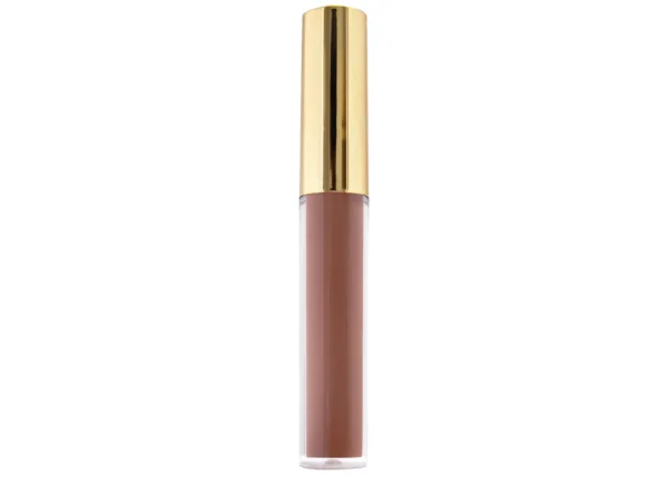 nude-brown moisturizing lip oil in transparent lip gloss tube with gold cap on isolated white background