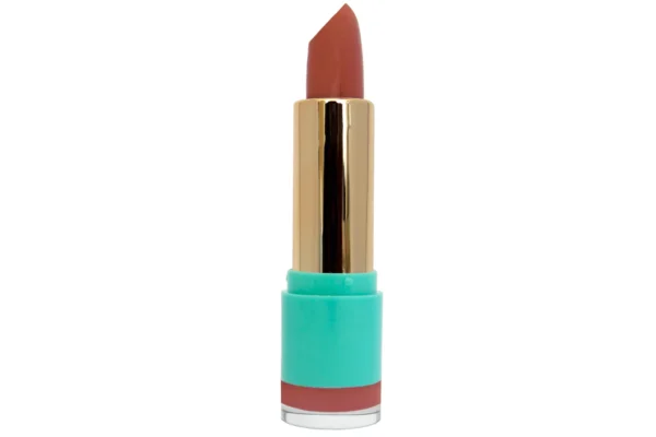 Crème Bullet Lipstick nude-peach, dusty brown lipstick shade in gold and teal blue lipstick container case on white isolated background