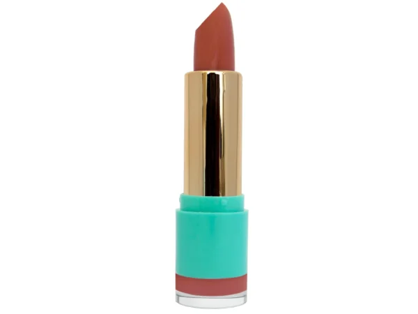 Crème Bullet Lipstick nude-peach, dusty brown lipstick shade in gold and teal blue lipstick container case on white isolated background