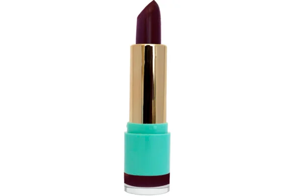 Soap Opera Crème Lipstick Deep plum-purple lipstick with gold case in blue container on white background