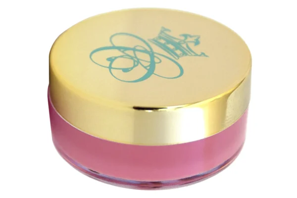 strawberry flavoured lip balm in transparent plastic jar with shiny gold lid