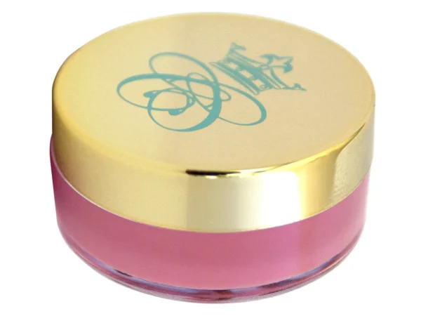 strawberry flavoured lip balm in transparent plastic jar with shiny gold lid