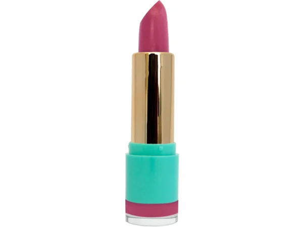 The Donut Diet Crème lipstick in gold and teal lipstick container case on white isolated background
