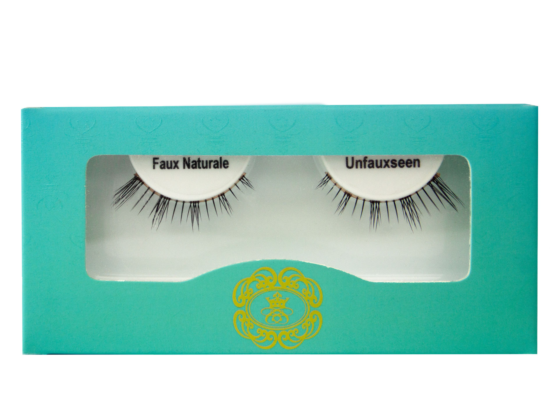 Unfauxseen Bottom Eyelash on white eyelash tray inside blue-green box packaging