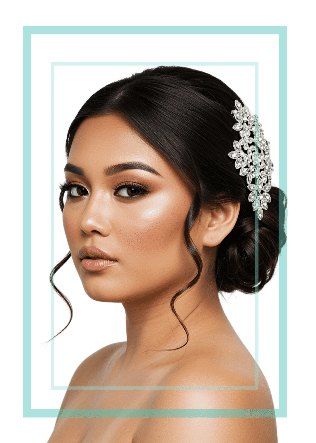 Hairstyling, with elegant hair accessory, on a white isolated background with blue decorative boarder